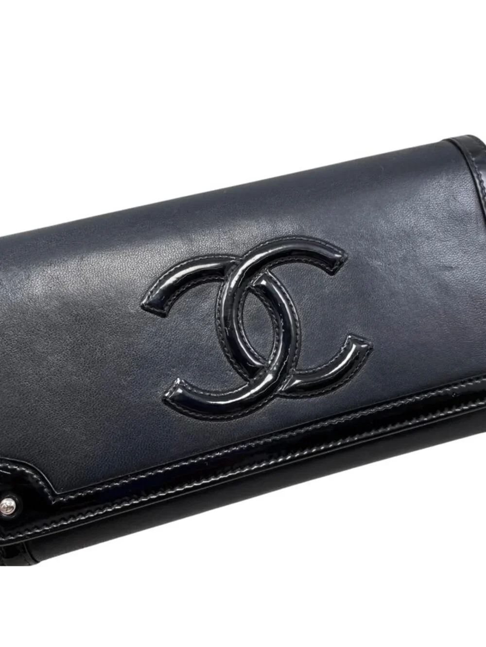 Chanel Bifold Wallet Enamel CC Logo Leather Black Silver